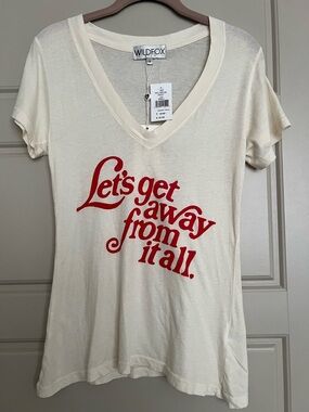 Wildfox Cream V-Neck Tee with Red Script Slogan